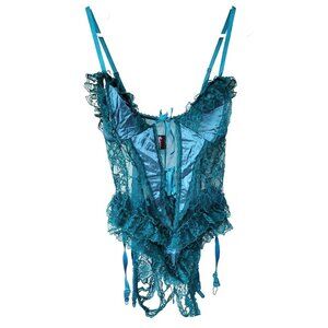 Frederick's of Hollywood Teddy 1X Women's Lingerie Sexy Teal Satin Lace